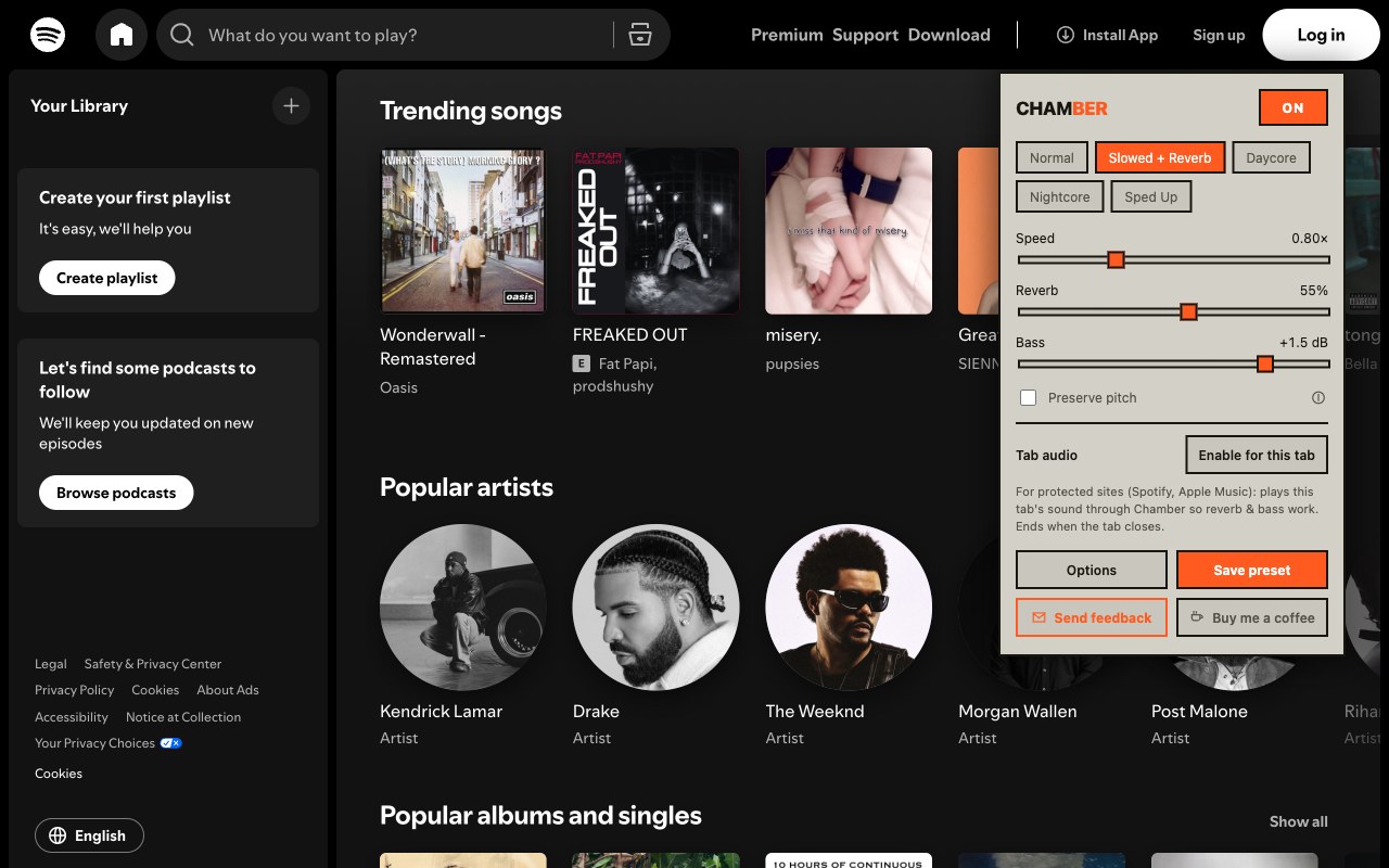 Chamber's popup open over the Spotify web player, showing the Slowed + Reverb preset active with speed, reverb, and bass sliders set, and the Tab audio feature that lets effects reach Spotify's locked-down sound
